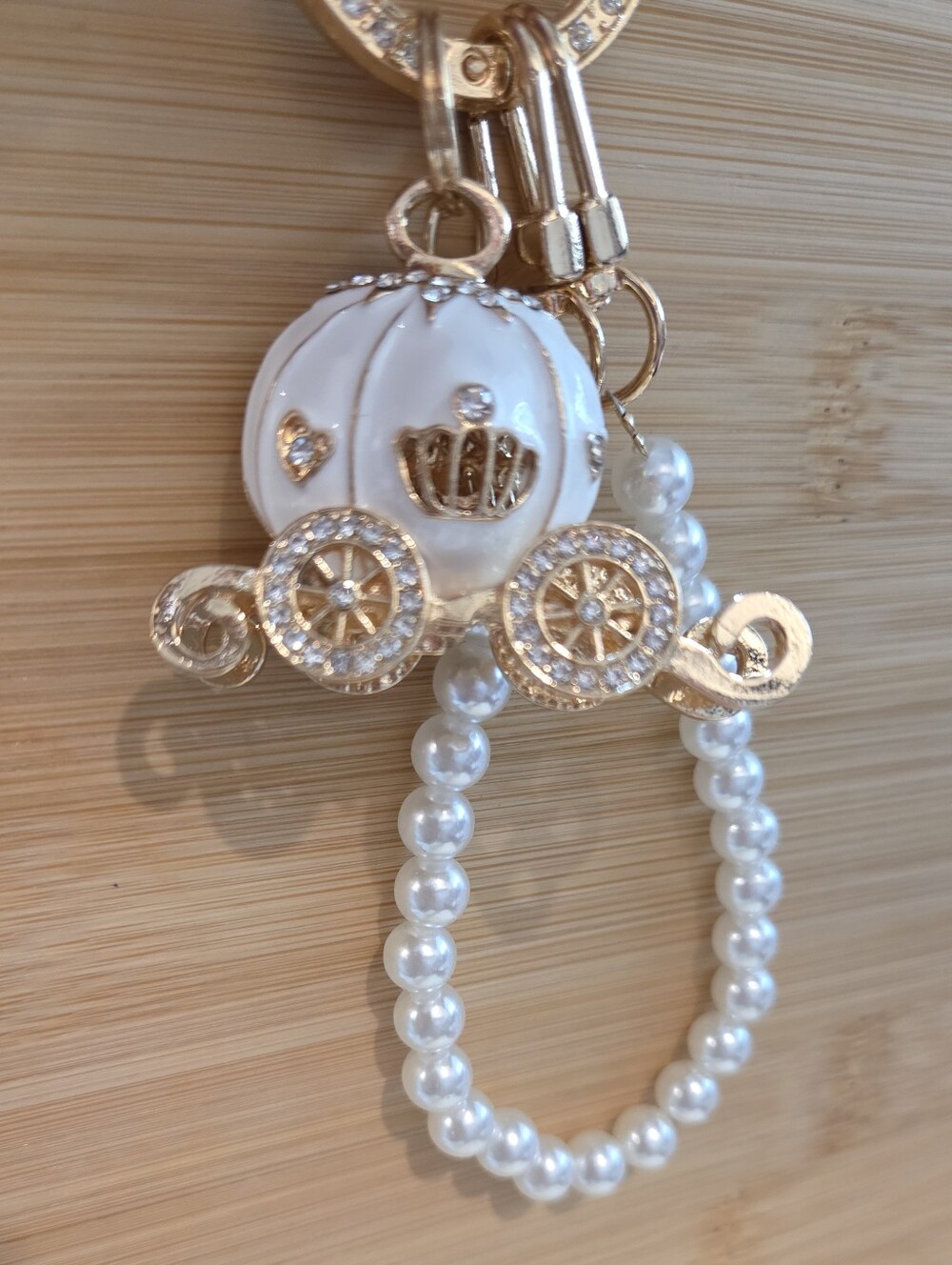 NWT White Enamel Princess Carriage Keychain with Pearl Wristlet Strap!